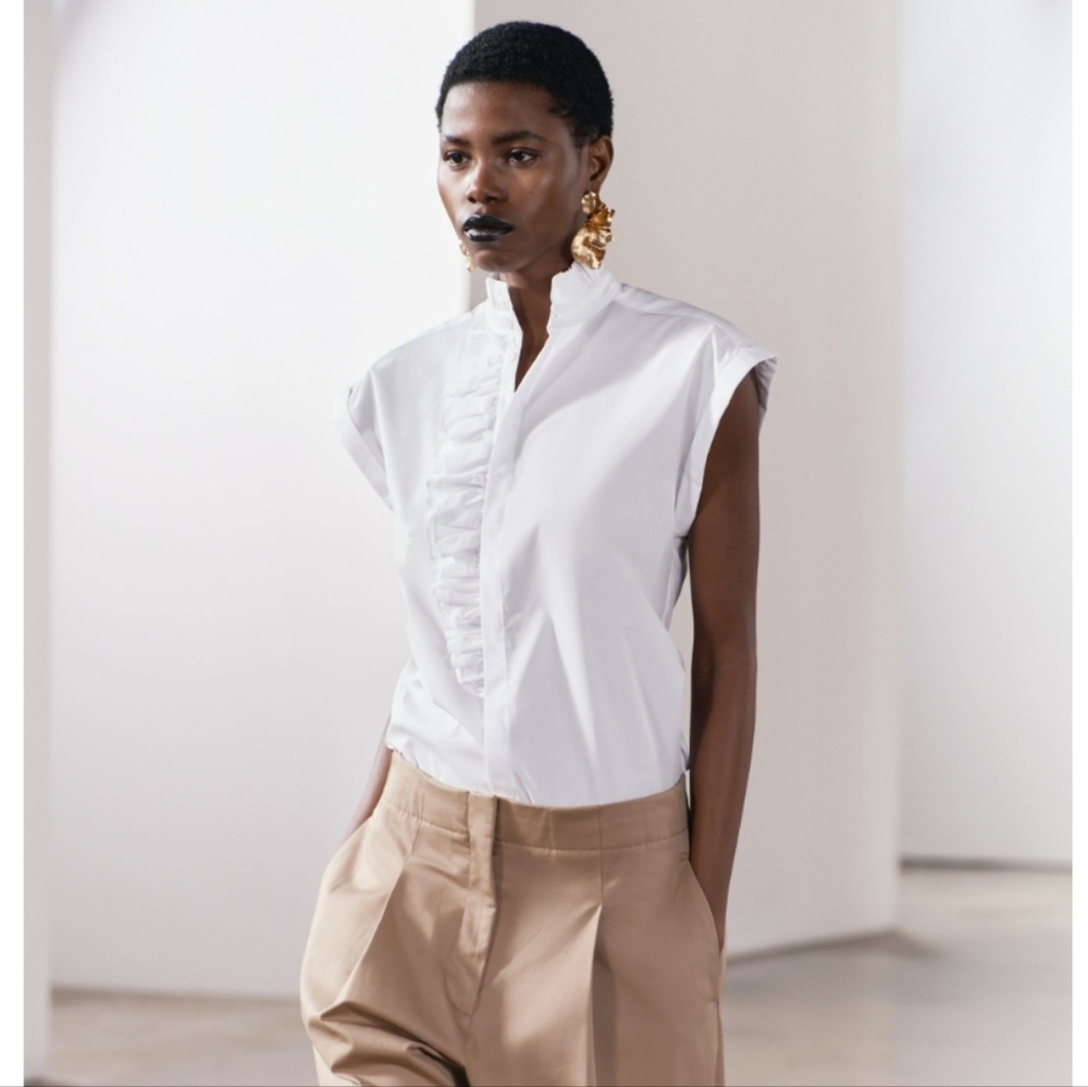 Zara Womens Elegant White Ruffled Blouse